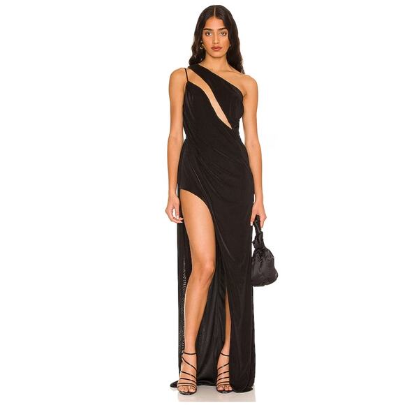Katie May A Cut Above Gown M Asymmetric Mesh Cutout One Shoulder High Slit NWT - Picture 1 of 13